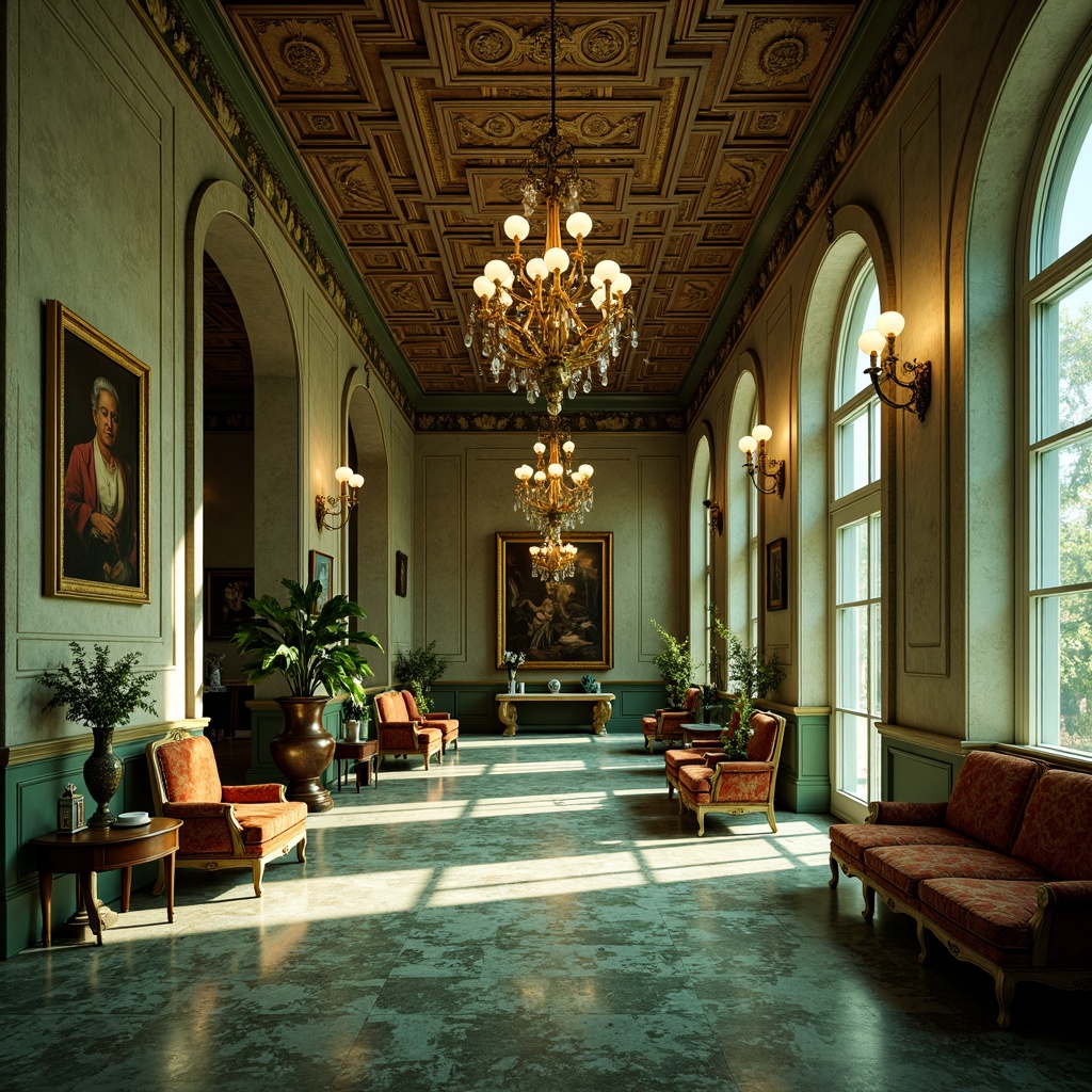 Prompt: Opulent Baroque interior, rich celadon hues, soft golden lighting, intricate ornate patterns, luxurious velvet fabrics, gilded decorative accents, grandiose chandeliers, carved wooden furniture, subtle cream tones, gentle warm atmosphere, shallow depth of field, 1/1 composition, realistic textures, ambient occlusion.