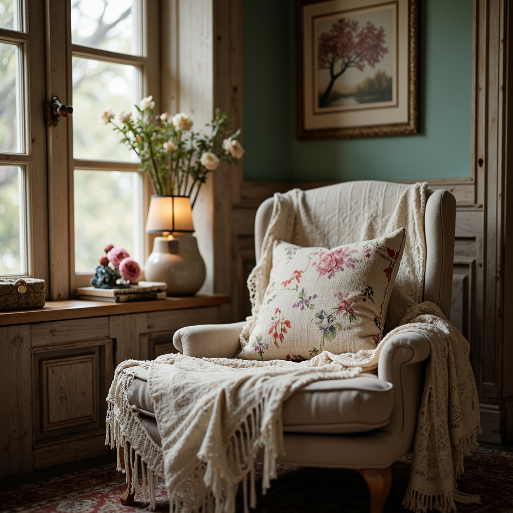 Prompt: Distressed vintage fabrics, soft cotton lace, faded florals, pastel-hued stripes, worn velvet textures, antique brocade patterns, natural linen weaves, rustic burlap accents, romantic ruffles, delicate eyelet details, muted color palette, warm candlelight, cozy reading nook, plush armchair, ornate wooden frames, distressed finishes, soft focus, 1/1 composition, intimate atmosphere.