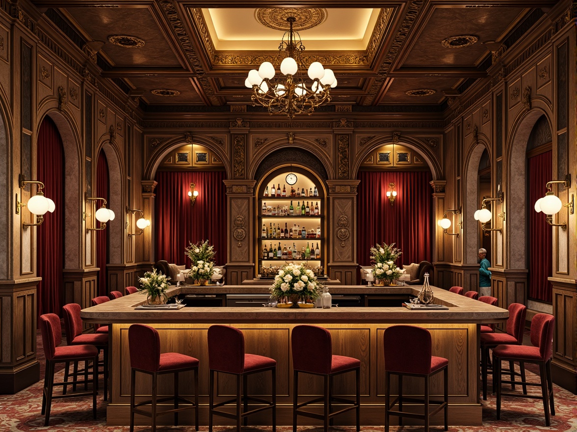 Prompt: Elegant bar counter, rich wood tones, ornate carvings, golden accents, luxurious fabrics, velvet drapes, grand chandeliers, marble countertops, intricate moldings, Renaissance-inspired arches, ornamental columns, warm candlelight, intimate seating areas, wooden barrels, antique furniture pieces, distressed finishes, classic proportions, symmetrical composition, dramatic lighting effects, subtle texture details.