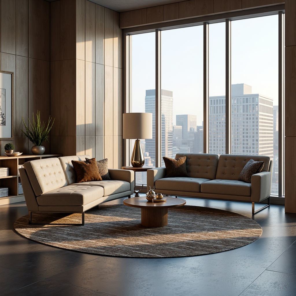 Prompt: Sleek modern sofas, polished chrome legs, tufted velvet upholstery, minimalist coffee tables, geometric-patterned rugs, industrial-chic metal lamps, rounded marble side tables, floor-to-ceiling windows, natural light pouring in, urban cityscape views, 1/1 composition, soft warm lighting, shallow depth of field, realistic textures, ambient occlusion.