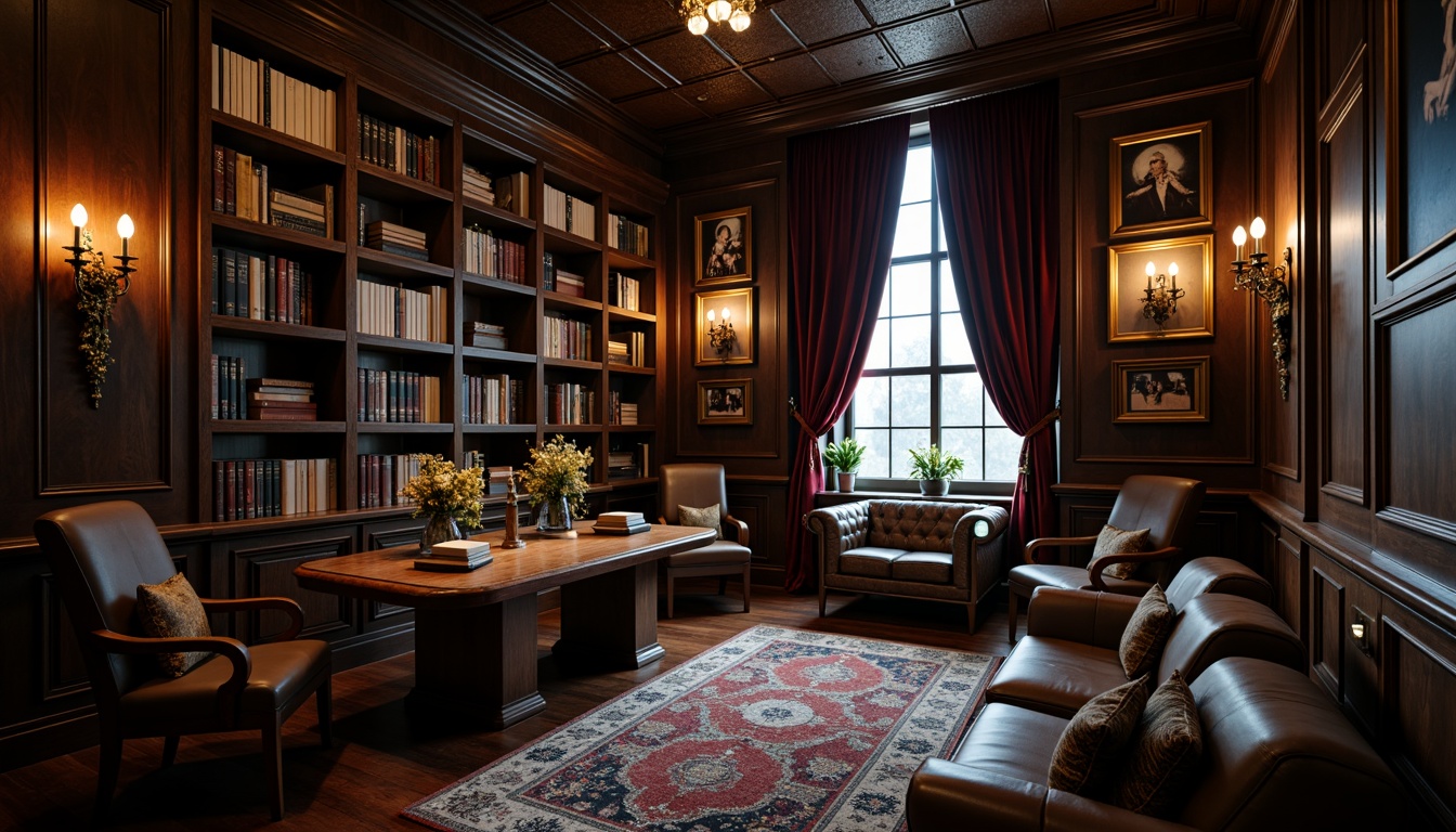 Prompt: Luxurious study room, dark leather upholstery, rich wood paneling, classic bookshelves, ornate gold frames, dim warm lighting, cozy atmosphere, soft velvet drapes, antique furniture, intricate carvings, mysterious shadows, dramatic contrast, high contrast ratio, cinematic composition, shallow depth of field, 1/2 portrait orientation.