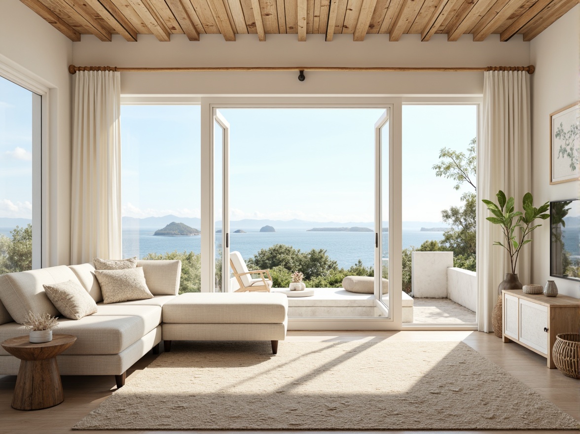 Prompt: Coastal cottage, large windows, soft natural light, calming ocean views, creamy white walls, sandy beige floors, driftwood accents, woven sea grass textiles, coral-inspired patterns, shells and pebbles decorations, minimal ornamentation, airy open space, soft pastel colors, beachy vibe, relaxed atmosphere, warm sunny day, gentle sea breeze, 1/1 composition, shallow depth of field, realistic textures.