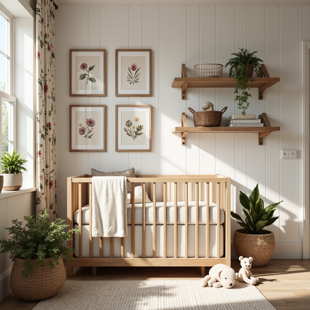 Prompt: Rustic baby nursery, vintage farmhouse decor, distressed wood accents, soft pastel colors, floral patterns, natural textiles, woven baskets, reclaimed wood shelves, antique metal frames, whimsical illustrations, watercolor artwork, creamy whites, warm beige tones, earthy brown hues, lush greenery, potted plants, wooden crib, plush toys, cozy throw blankets, warm lighting, shallow depth of field, 1/1 composition, intimate close-up shots, realistic textures, ambient occlusion.