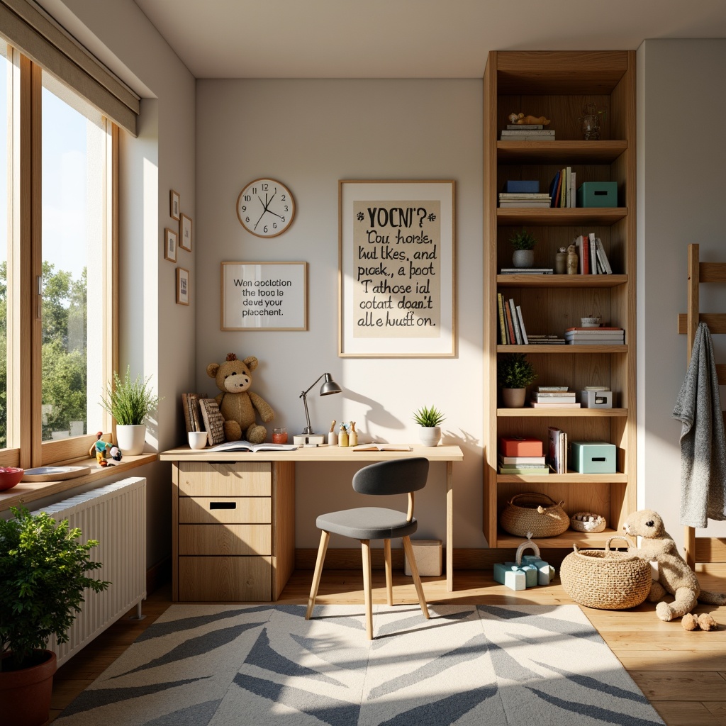 Prompt: Cozy kids' room, wooden desk, ergonomic chair, bookshelves, colorful storage bins, geometric-patterned rug, soft warm lighting, natural wood accents, minimalist decorations, educational wall art, inspirational quotes, built-in shelves, ladder bookcase, comfortable reading nook, vibrant greenery, playful scattered toys, 1/2 composition, shallow depth of field, realistic textures.