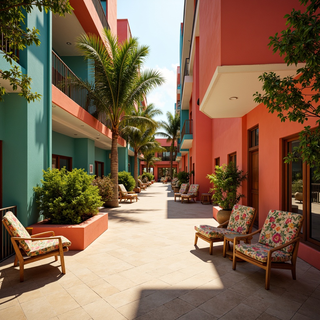 Prompt: Vibrant student hall, tropical color palette, bright coral walls, turquoise accents, lush greenery, palm trees, natural wood furniture, woven rattan chairs, colorful tiki torches, exotic flower patterns, warm beige flooring, sunny day, soft warm lighting, shallow depth of field, 3/4 composition, panoramic view, realistic textures, ambient occlusion.