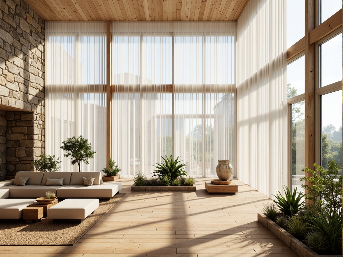 Prompt: Bright airy interior, floor-to-ceiling windows, sheer white curtains, warm wooden flooring, minimalist decor, greenery accents, natural stone walls, earthy tones, abundant skylights, clerestory windows, sun-drenched spaces, soft gentle lighting, 1/1 composition, shallow depth of field, realistic textures, ambient occlusion.