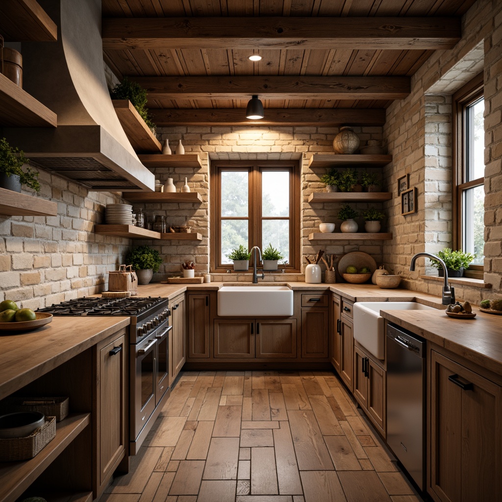 Prompt: Rustic kitchen, wooden cabinets, earthy tones, natural stone backsplash, brick-inspired tiles, vintage metal fixtures, apron-front sink, farmhouse-style faucet, distressed wood shelving, pendant lighting, warm ambient glow, soft focus, 1/1 composition, realistic textures, subtle color grading.Please let me know if this meets your requirements!