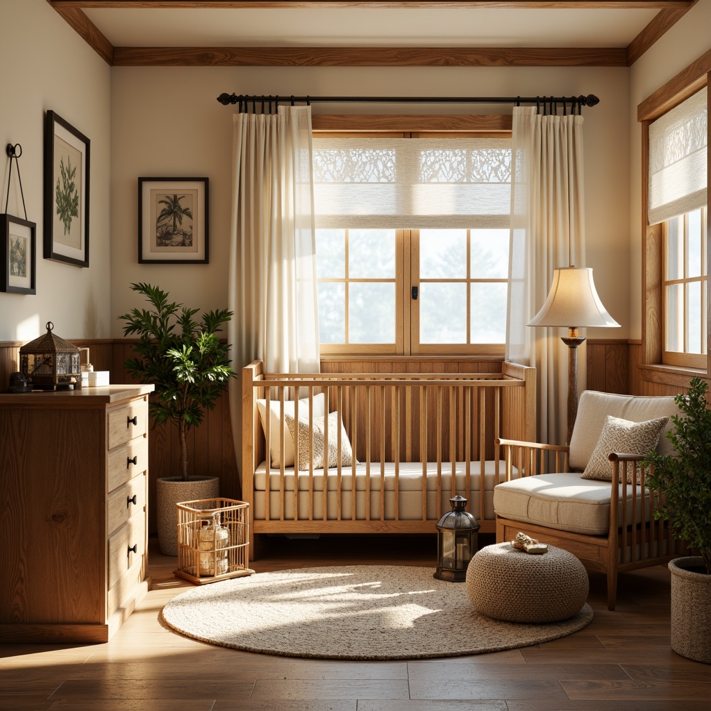 Prompt: Cozy Craftsman-style nursery, warm wooden accents, soft cream-colored walls, plush area rug, natural fiber textiles, earthy tones, vintage-inspired furniture, rustic metal lanterns, warm table lamps, creamy white curtains, delicate lace trim, gentle morning light, softbox lighting, 1/1 composition, intimate atmosphere, realistic wood textures, subtle shadows.