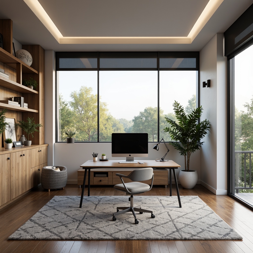 Prompt: Modern minimalist home office, sleek metal desk, ergonomic chair, adjustable monitor arm, compact shelving units, geometric-patterned rug, industrial-chic lighting fixtures, floor-to-ceiling windows, natural wood accents, calm color palette, ambient softbox lighting, shallow depth of field, 2/3 composition, realistic textures, subtle reflections.