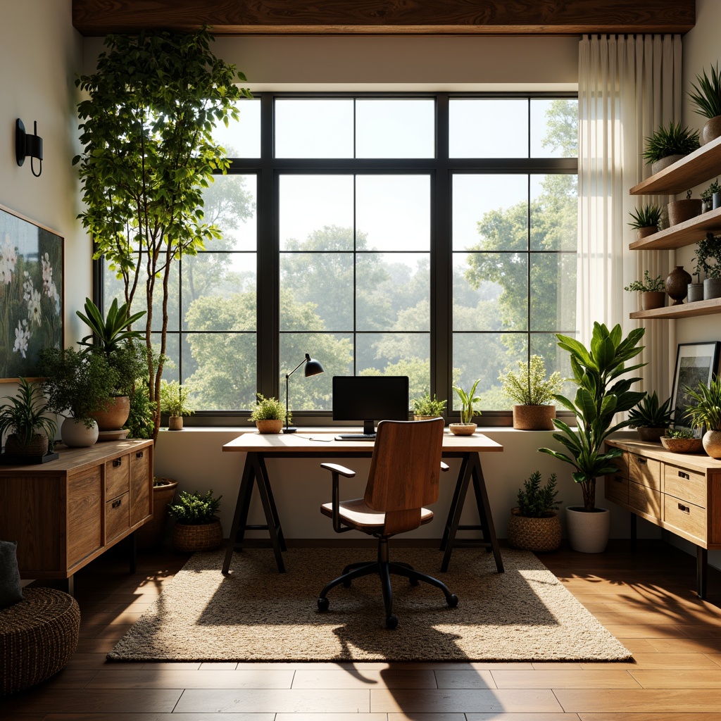 Prompt: Cozy home office, large windows, abundant natural light, warm wooden desk, comfortable ergonomic chair, lush greenery, potted plants, soft diffused lighting, indirect sunlight, north-facing orientation, minimal window treatments, sheer white curtains, calm ambiance, organized workspace, modern minimalist decor, sleek metal shelving, rustic wood accents, earthy color palette, serene atmosphere, 1/1 composition, soft focus, warm color temperature.