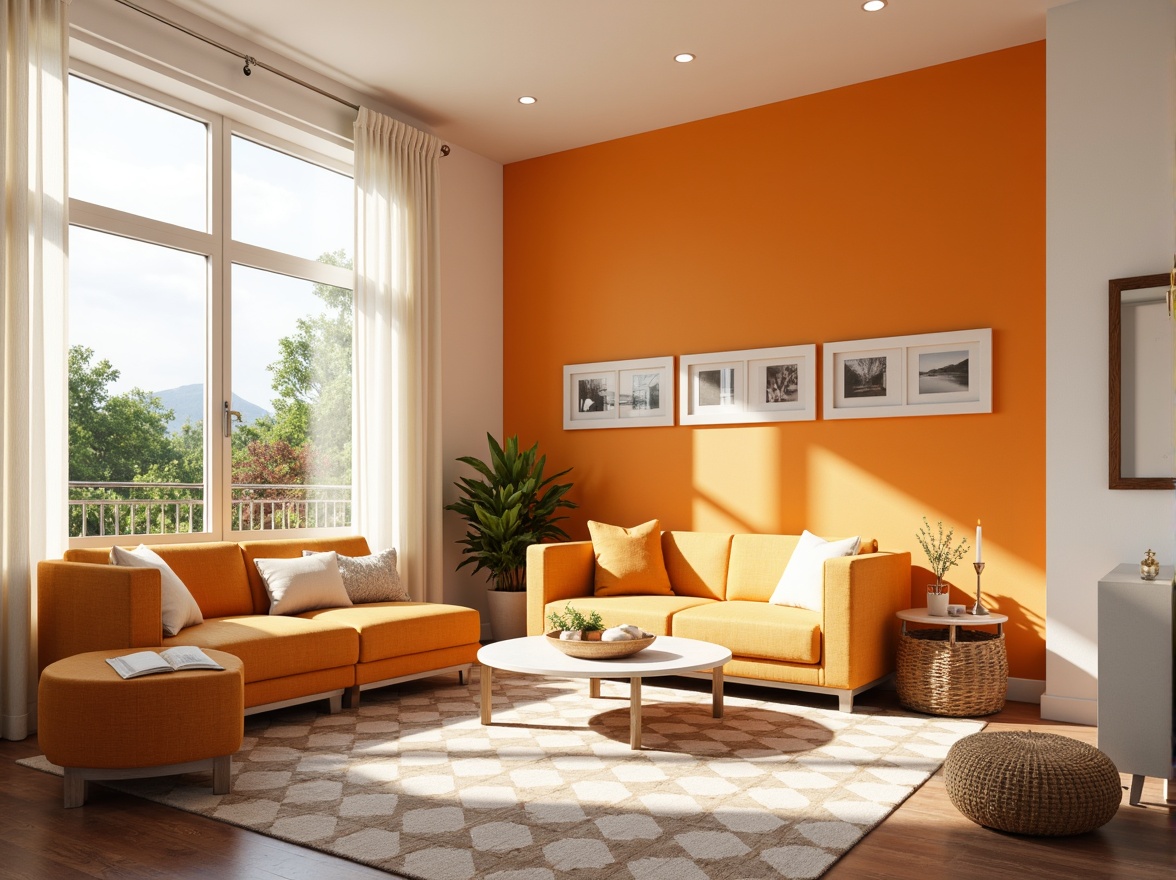 Prompt: Vibrant tangerine accents, modern minimalist decor, sleek low-profile furniture, creamy white walls, polished chrome fixtures, geometric patterned rugs, natural wood flooring, abundant sunlight, soft warm glow, shallow depth of field, 1/1 composition, realistic textures, ambient occlusion.