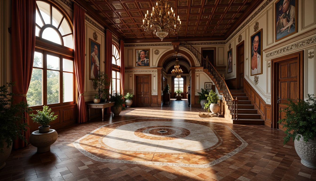 Prompt: Luxurious Renaissance-style interior, ornate marble flooring, intricately patterned inlays, polished wooden floors, richly stained walnut panels, decorative ceramic tiles, ornamental metalwork, grand staircase, sweeping arches, opulent chandeliers, soft warm lighting, 1/2 composition, shallow depth of field, realistic textures, ambient occlusion.