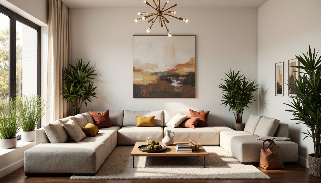 Prompt: Cozy living room, plush sectional sofa, velvet armchairs, wooden coffee table, potted green plants, soft warm lighting, comfortable throw pillows, minimalist decor, creamy white walls, dark hardwood floors, elegant chandelier, modern abstract artwork, luxurious area rug, sophisticated color palette, relaxing atmosphere, 1/1 composition, shallow depth of field, realistic textures.