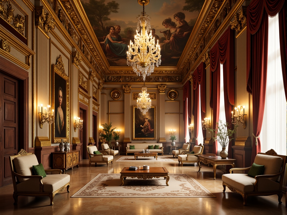 Prompt: Opulent palace interior, ornate gold accents, crystal chandeliers, soft warm candlelight, luxurious velvet fabrics, intricate wooden carvings, Rococo-style furnishings, delicate porcelain vases, lavish drapery, grandiose ceiling murals, warm beige marble floors, dramatic spotlights, ambient indirect lighting, 1/1 composition, shallow depth of field, realistic textures, subtle color grading.