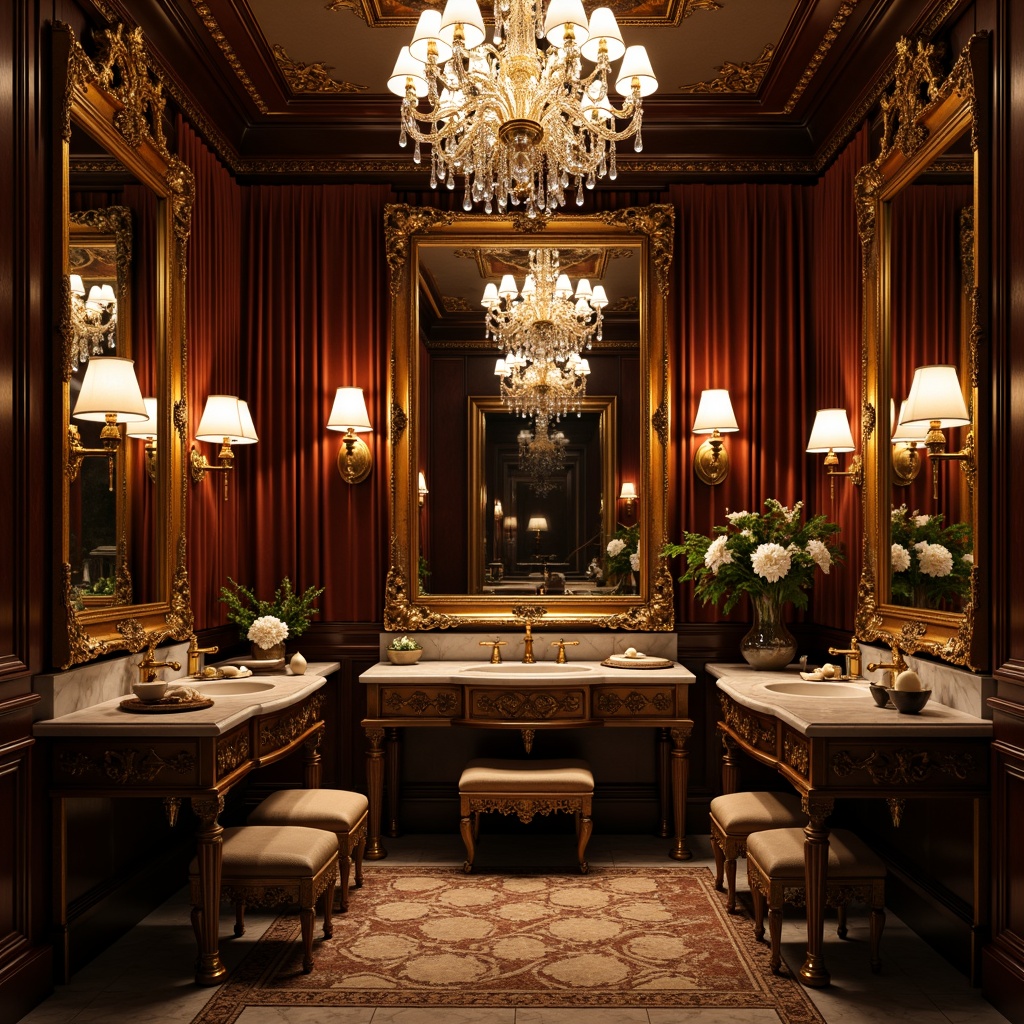 Prompt: Opulent powder room, ornate mirrors, gilded frames, crystal chandeliers, soft warm glow, subtle candlelight, rich velvet drapes, intricate wood carvings, lavish furnishings, dramatic shadows, high-contrast lighting, focused spotlights, ambient luminescence, golden accents, luxurious textures, Baroque-inspired patterns, elaborate frescoes, ornate moldings, grandiose architecture.