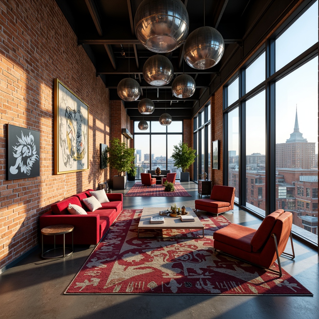 Prompt: Vibrant eclectic penthouse, industrial-chic exposed brick walls, reclaimed wood accents, bold graffiti murals, abstract geometric patterns, textured concrete floors, metallic ceiling installations, floor-to-ceiling windows, panoramic city views, modern minimalist furniture, plush velvet upholstery, rich jewel-toned rugs, avant-garde lighting fixtures, dramatic shadowing effects, 1/1 composition, low-key warm lighting, soft focus blur.