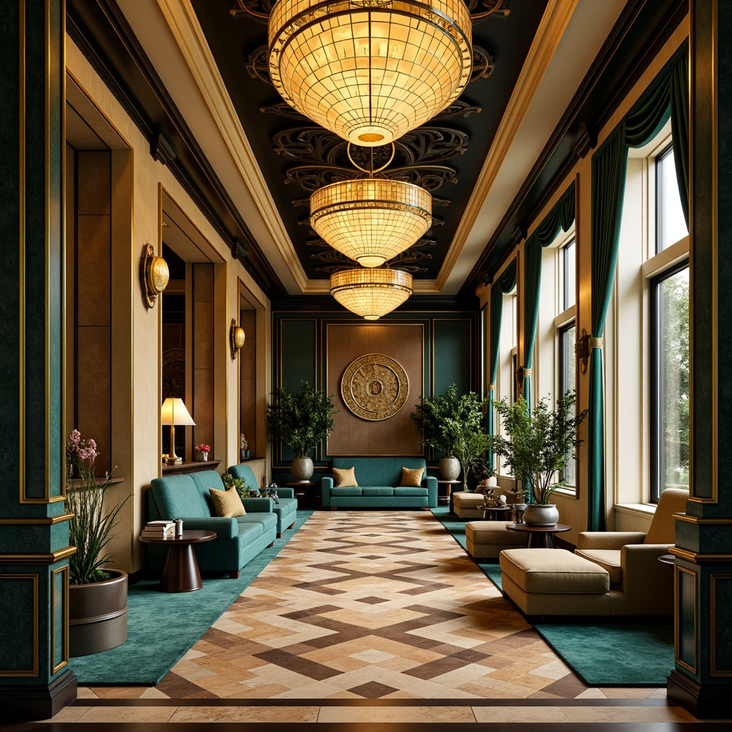 Prompt: Luxurious Art Deco interior, opulent gold accents, rich jewel tones, velvety soft fabrics, metallic sheens, geometric patterns, ornate details, lavish chandeliers, intricate inlays, bold black outlines, creamy whites, deep blues, emerald greens, amber yellows, warm beige backgrounds, high-contrast lighting, dramatic shadows, 3/4 composition, ornate frames, realistic textures, ambient occlusion.