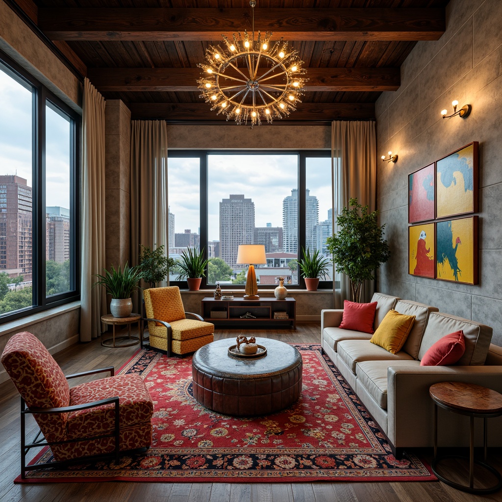 Prompt: Luxurious penthouse, eclectic style, ornate furnishings, vibrant color palette, bold pattern mix, statement light fixtures, metallic accents, rich textiles, plush rugs, oversized artwork, abstract sculptures, floor-to-ceiling windows, cityscape views, natural stone walls, reclaimed wood floors, industrial-chic decor, Edison bulbs, greenery installations, lush potted plants, modern minimalist lines, sleek low-profile furniture, ambient warm lighting, shallow depth of field, 1/1 composition, cinematic view.