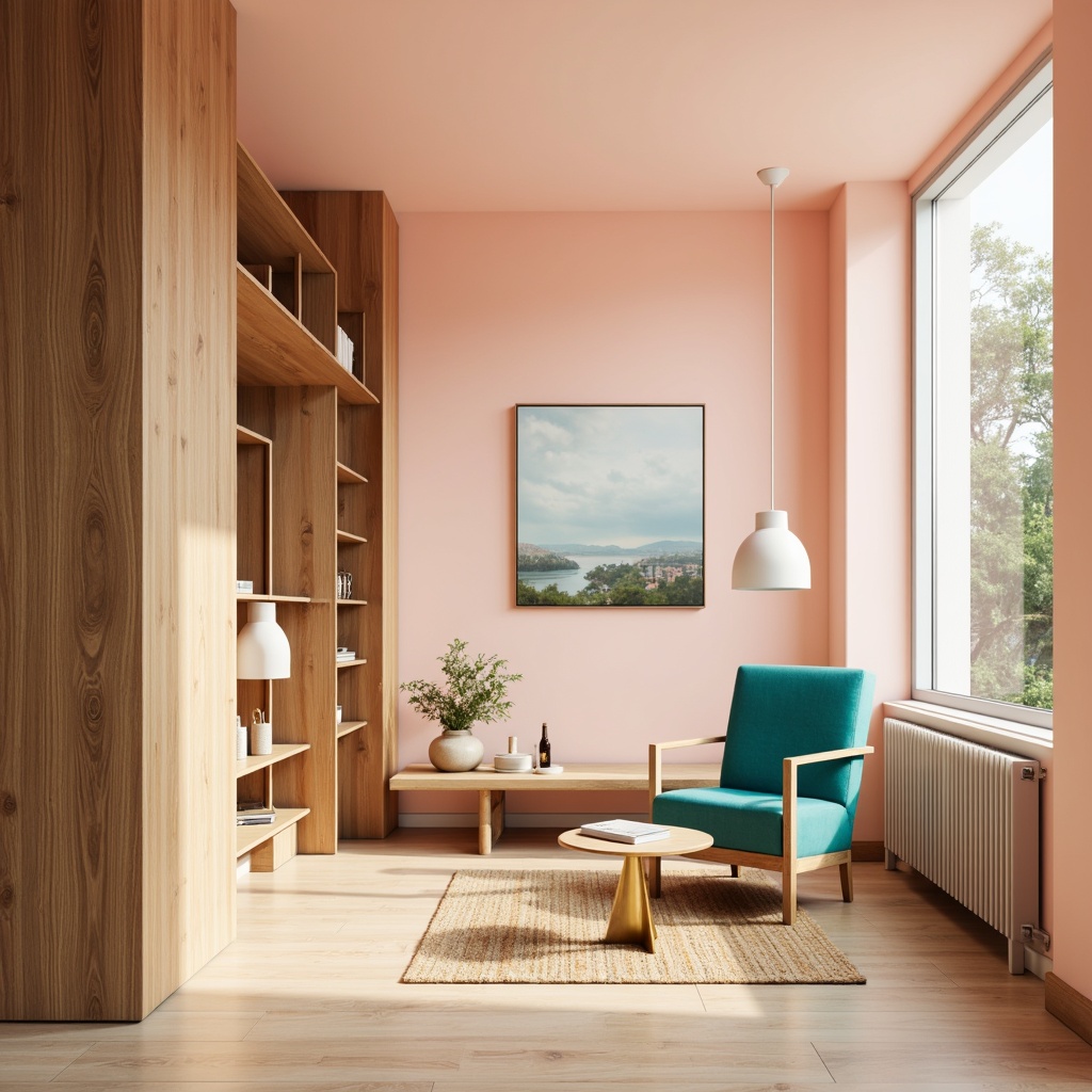 Prompt: Vibrant modern interior, pastel color scheme, soft peach walls, rich wood accents, bold turquoise furniture, metallic gold decor, natural light pouring in, airy atmosphere, elegant minimalism, Scandinavian-inspired design, clean lines, simple shapes, warm beige floors, subtle texture contrasts, 1/1 composition, soft focus, gentle bokeh.