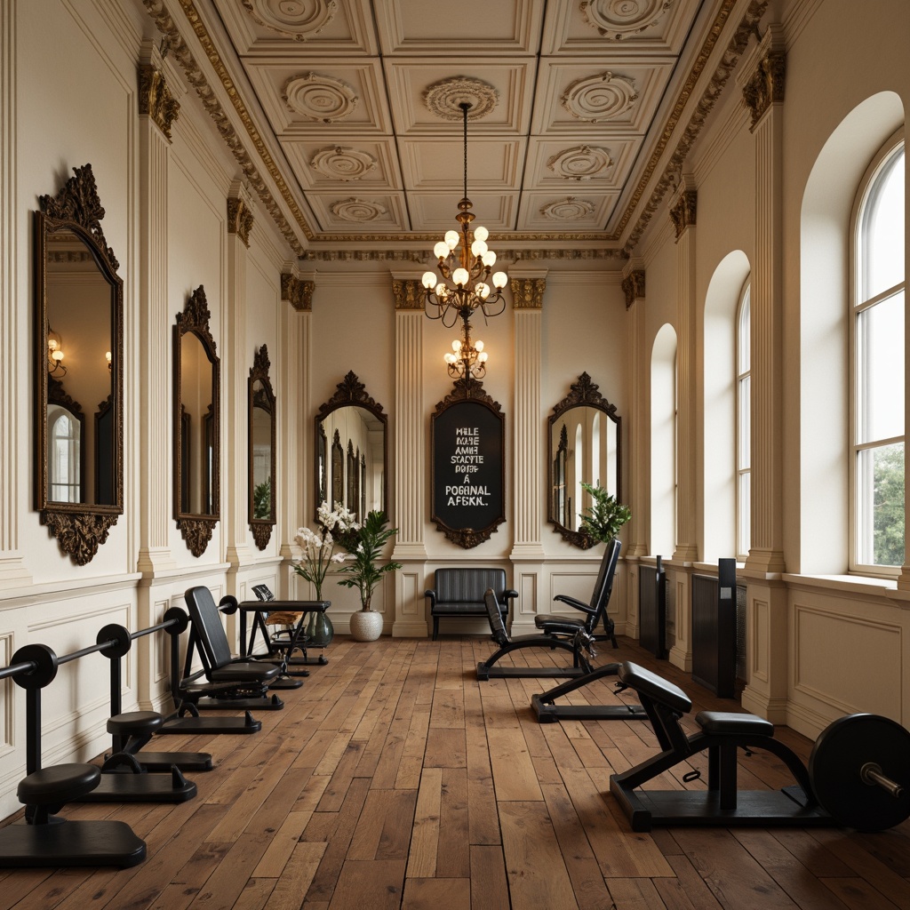 Prompt: Neoclassical home gym, ornate mirrors, rich wood paneling, cream-colored walls, subtle texture, elegant molding details, sophisticated fitness equipment, free weights, exercise machines, motivational quotes, rustic wooden flooring, classic pilasters, soft warm lighting, 1/1 composition, shallow depth of field, realistic textures, ambient occlusion.