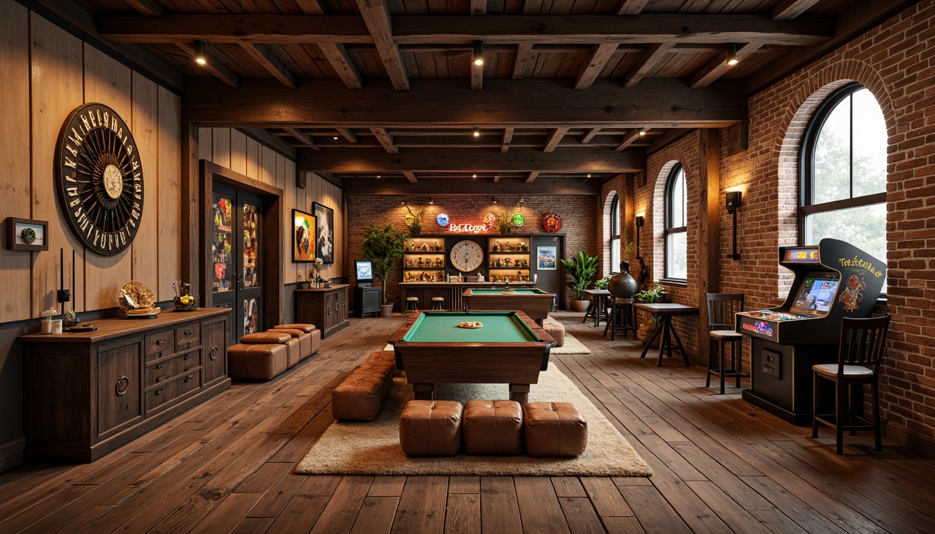 Prompt: Rustic game room, wooden accents, vintage decorative items, distressed wooden floors, reclaimed barn wood, wide plank flooring, earthy tones, natural textures, stone walls, brick archways, industrial metal beams, cozy ambient lighting, warm color palette, eclectic furniture pieces, plush area rugs, leather-bound ottomans, wooden bar tables, neon signs, retro arcade machines, 3/4 composition, shallow depth of field, realistic textures.