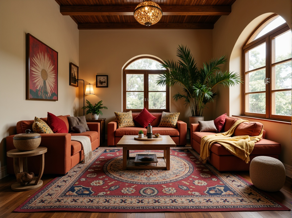 Prompt: Cozy living room, plush throw blankets, soft velvet sofas, warm beige walls, natural wood flooring, Moroccan-inspired tiles, vibrant colorful rugs, comfortable pillows, ambient lighting, shallow depth of field, 3/4 composition, realistic textures, intricate geometric patterns, eclectic decorative accents, luxurious fabrics, tactile experiences, sensory comfort.