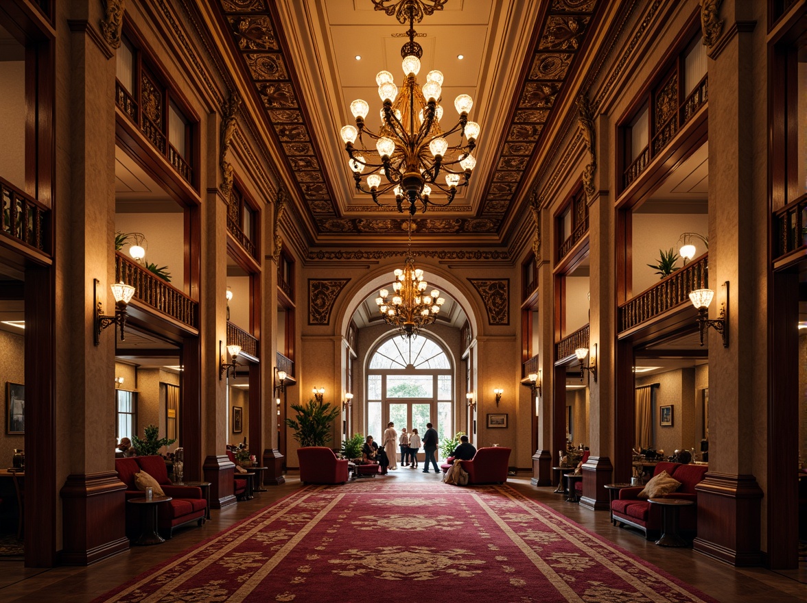 Prompt: Ornate ceiling details, luxurious chandeliers, grandiose archways, rich wood tones, intricate moldings, plush carpeting, lavish furnishings, ornamental mirrors, opulent lighting fixtures, dramatic high ceilings, majestic columns, regal color schemes, warm ambient glow, soft focused lighting, shallow depth of field, 2/3 composition, symmetrical framing, realistic textures, subtle shading.