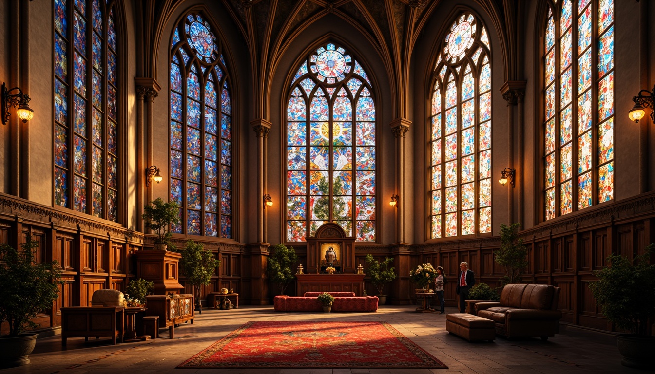 Prompt: Vibrant stained glass windows, kaleidoscope colors, Gothic architectural style, ornate details, spiritual ambiance, rich textures, intricate patterns, warm golden lighting, soft diffused glow, 3/4 composition, symmetrical framing, luxurious interior design, opulent furnishings, majestic high ceilings, ornamental fixtures, mystical atmosphere, dreamy quality, shallow depth of field.