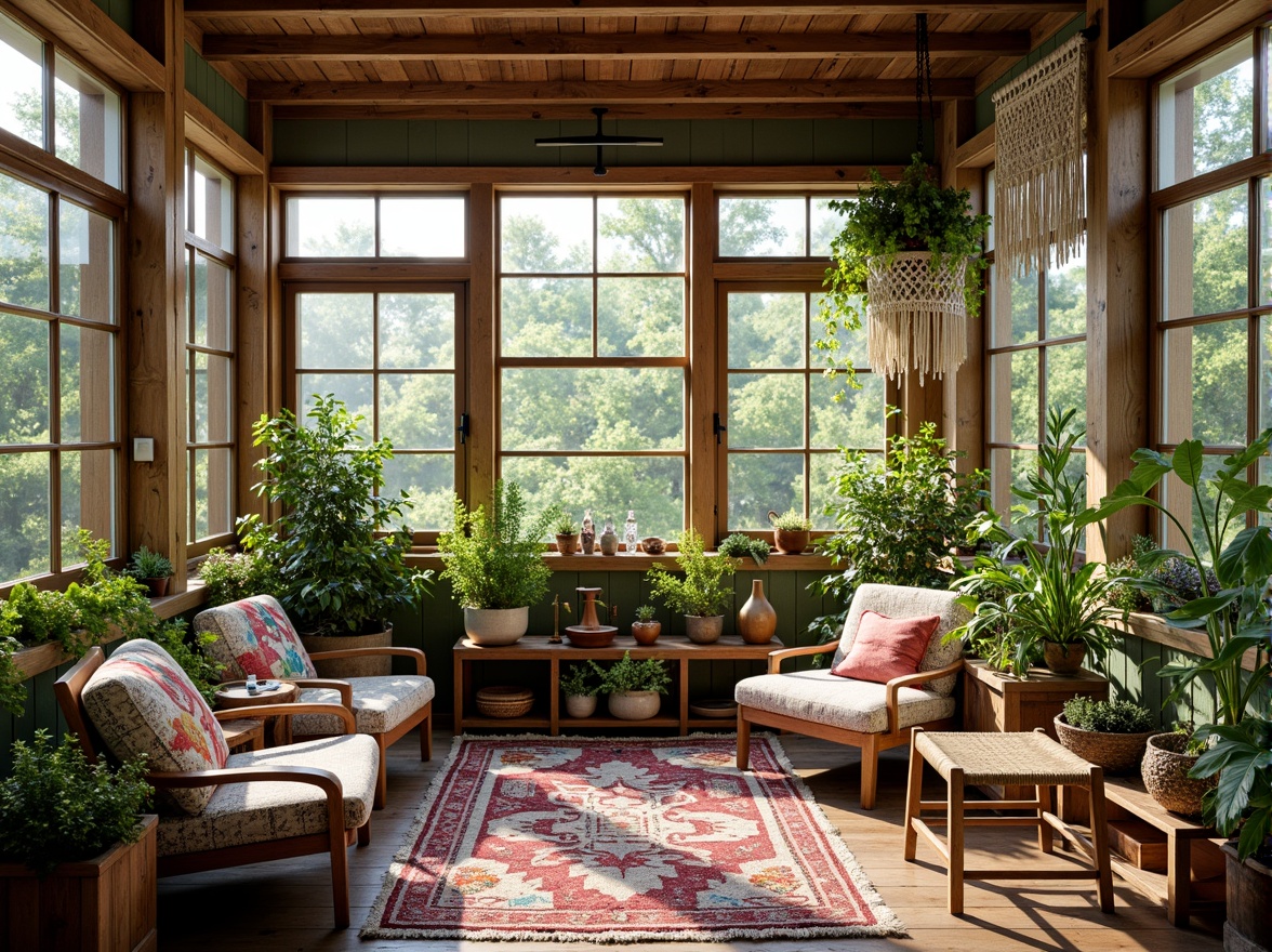 Prompt: Vibrant eclectic sunroom, abundant natural light, lush greenery, colorful textiles, mixed patterns, wooden accents, rustic furniture, distressed finishes, vintage decor, eclectic artifacts, plants on shelves, woven baskets, rattan chairs, macrame wall hangings, bohemian-inspired rug, warm earthy tones, soft diffused lighting, 1/1 composition, shallow depth of field, realistic textures.