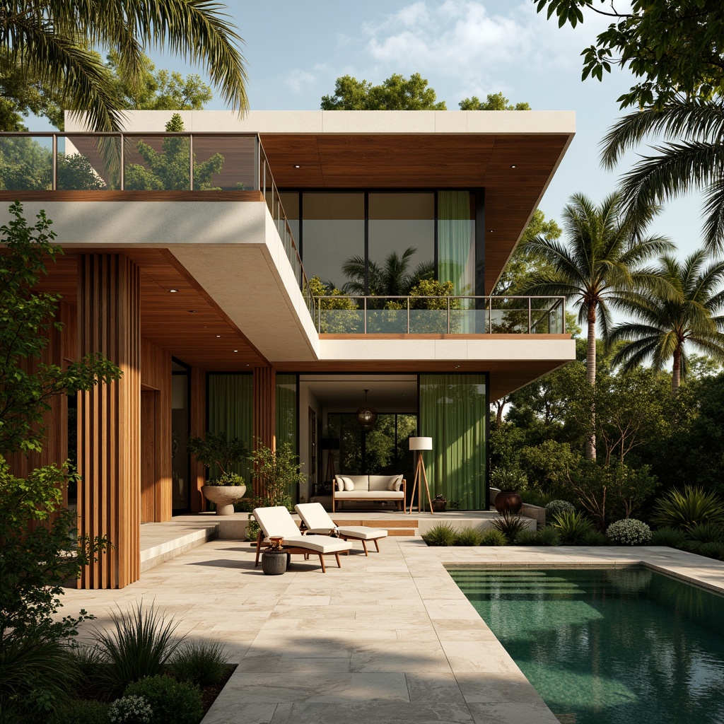 Prompt: Luxurious villa, elegant facade, rich wood textures, polished marble floors, premium metal accents, sleek glass railings, vibrant green walls, lush foliage surroundings, warm golden lighting, shallow depth of field, 1/1 composition, realistic reflections, ambient occlusion, high-quality render.