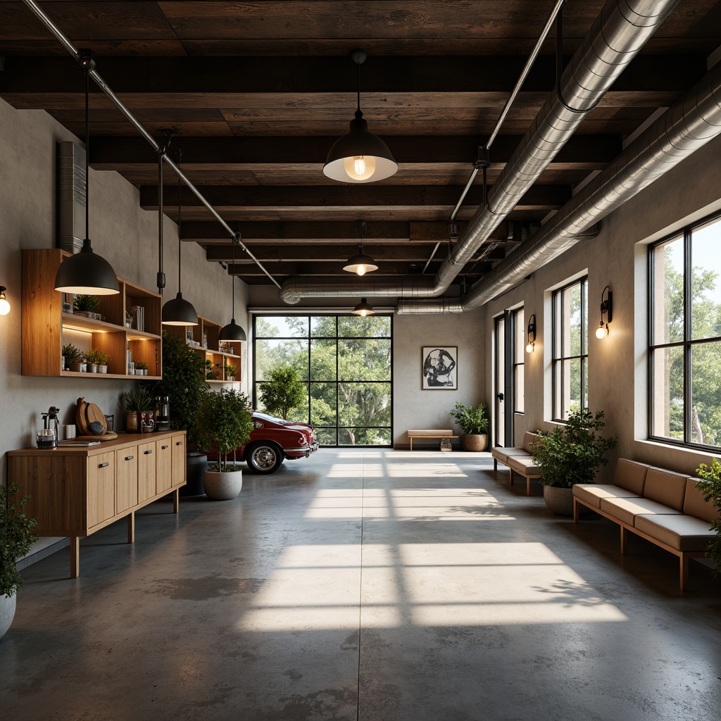 Prompt: Mid-century modern garage, industrial chic decor, exposed ductwork, polished concrete floors, minimal ornamentation, functional lighting fixtures, sleek metal shades, industrial-style pendant lamps, retro-inspired sconces, Edison bulb accents, warm ambient glow, soft diffused light, 1/1 composition, realistic textures, ambient occlusion.