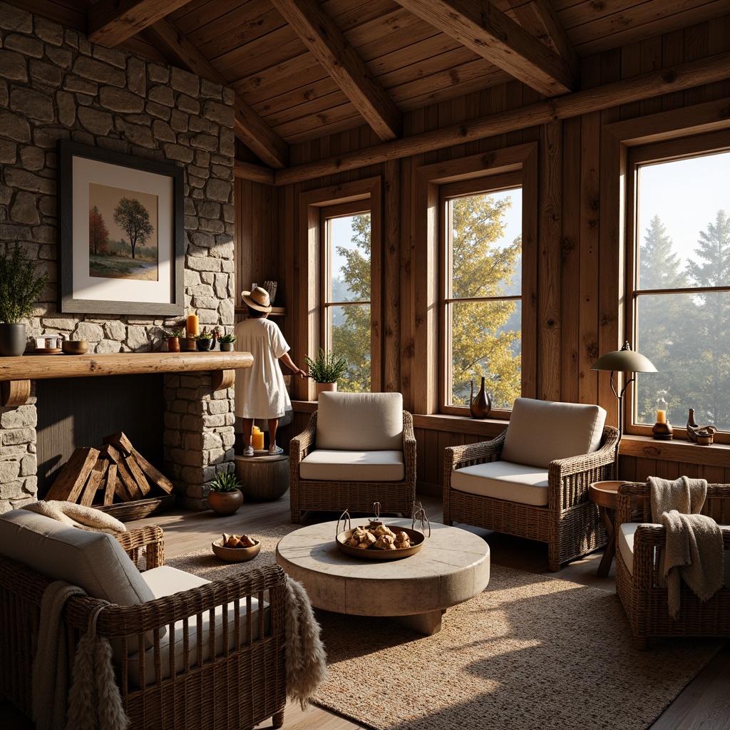 Prompt: Rustic wooden cabin, natural stone walls, earthy color palette, vintage metal accents, distressed wood textures, woven wicker furniture, plush throw blankets, candles and lanterns, nature-inspired artwork, exposed beams, wooden shutters, cozy reading nook, warm fire pit, autumnal foliage, misty morning light, shallow depth of field, 1/2 composition, intimate atmosphere, realistic textures, ambient occlusion.