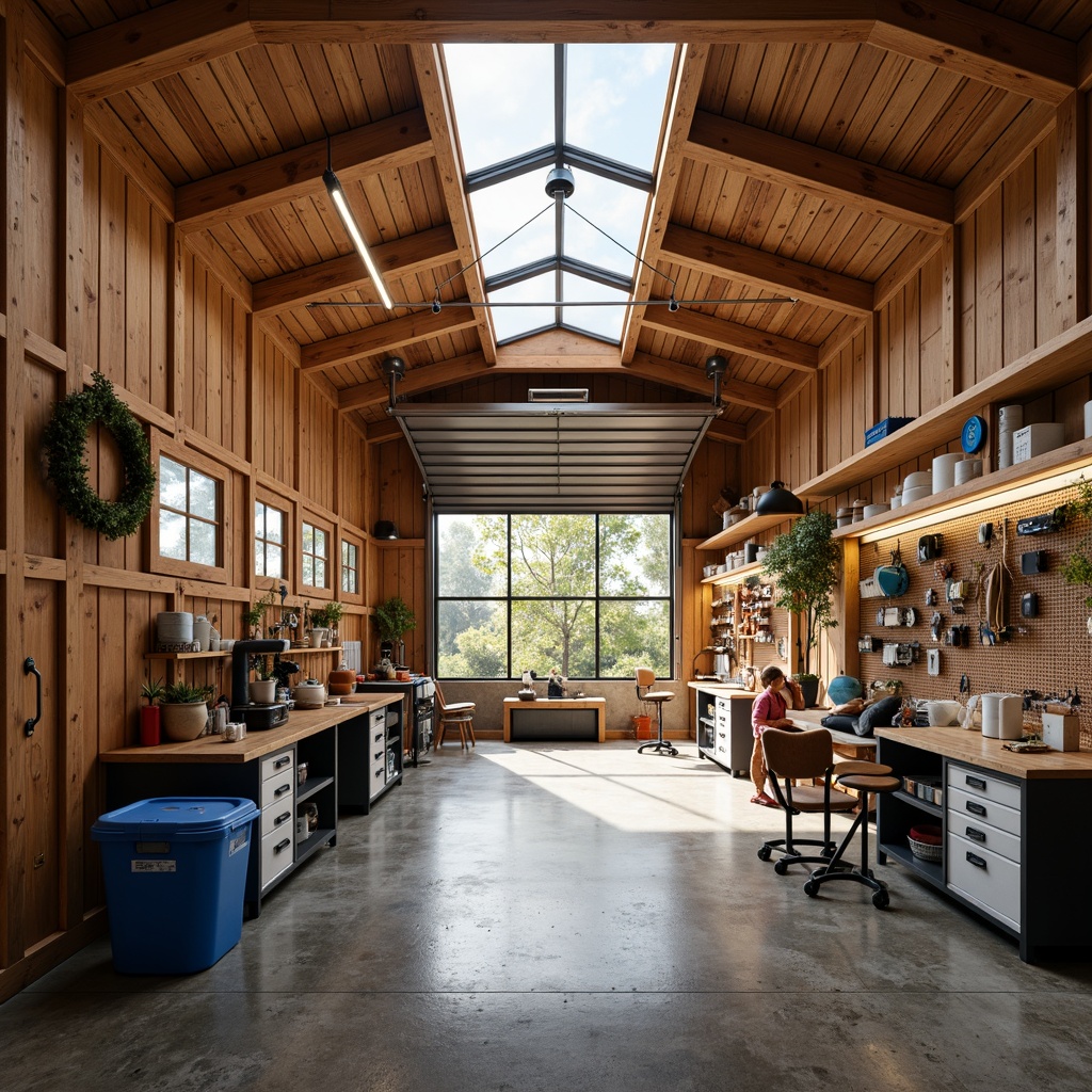 Prompt: Cozy family garage, warm wooden tones, organized tool storage, sleek metal workbenches, ergonomic stools, natural light pouring in, large windows, translucent roof panels, rustic concrete flooring, modern industrial decor, functional shelving units, labeled bins, colorful pegboards, efficient task lighting, 1/2 composition, shallow depth of field, soft warm color palette.