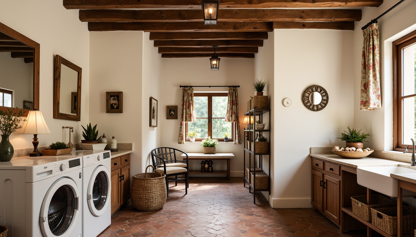 Prompt: Rustic laundry room, vintage washing machines, distressed wood cabinets, porcelain sinks, woven wicker baskets, creamy white walls, soft warm lighting, terracotta floor tiles, hexagonal mosaic patterns, natural stone accents, earthy color palette, wooden ceiling beams, metal lanterns, antique decorative items, floral patterned curtains, traditional ornate mirrors.