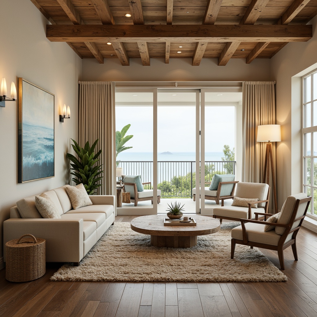 Prompt: Warm beige walls, natural wood accents, soft blue-green hues, calming ocean-inspired artwork, comfortable plush furniture, woven sea grass-patterned rugs, driftwood decorative elements, shell-shaped lighting fixtures, ocean-breeze fresh air, large windows with coastal views, sliding glass doors to outdoor spaces, natural fiber textiles, reclaimed wood ceilings, soothing color palette, subtle nautical patterns, minimal ornamentation, cozy reading nooks, warm task lighting, 1/2 composition, soft focus, realistic materials, ambient occlusion.