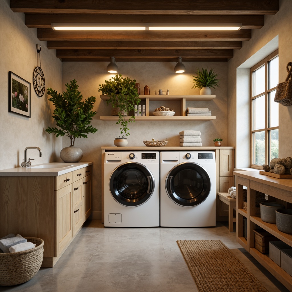 Prompt: Cozy laundry room, soft warm lighting, subtle LED strips, calming color scheme, sleek modern appliances, minimalist decor, natural stone countertops, wooden cabinetry, hanging plants, refreshing greenery, airy open space, functional shelving units, decorative baskets, rustic metal accents, warm beige tones, gentle ambient glow, 1/1 composition, shallow depth of field, realistic textures.