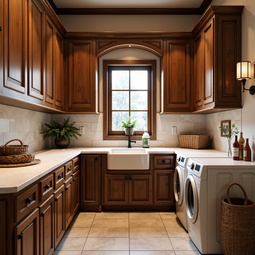 Prompt: Rustic laundry room, traditional cabinetry, warm wooden tones, raised-panel doors, ornate hardware, creamy white countertops, soft-close drawers, decorative molding, classic shaker-style cabinets, porcelain sink, vintage-inspired faucets, natural stone flooring, woven baskets, distressed wood accents, cozy ambient lighting, soft focus, 1/1 composition, warm color palette.