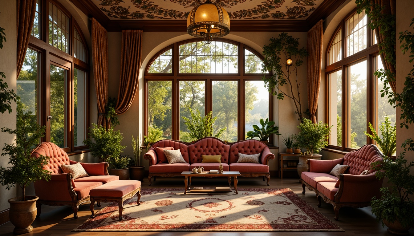 Prompt: Whimsical Art Nouveau interior, luxurious velvet fabrics, intricate floral patterns, soft golden lighting, ornate wooden furniture, curved lines, organic shapes, lush greenery, vintage accessories, distressed finishes, eclectic decor, rich jewel tones, plush area rugs, heavy drapery, flowing silk textiles, delicate lace details, warm beige walls, antique furnishings, romantic ambiance, shallow depth of field, 1/2 composition, soft focus effect.