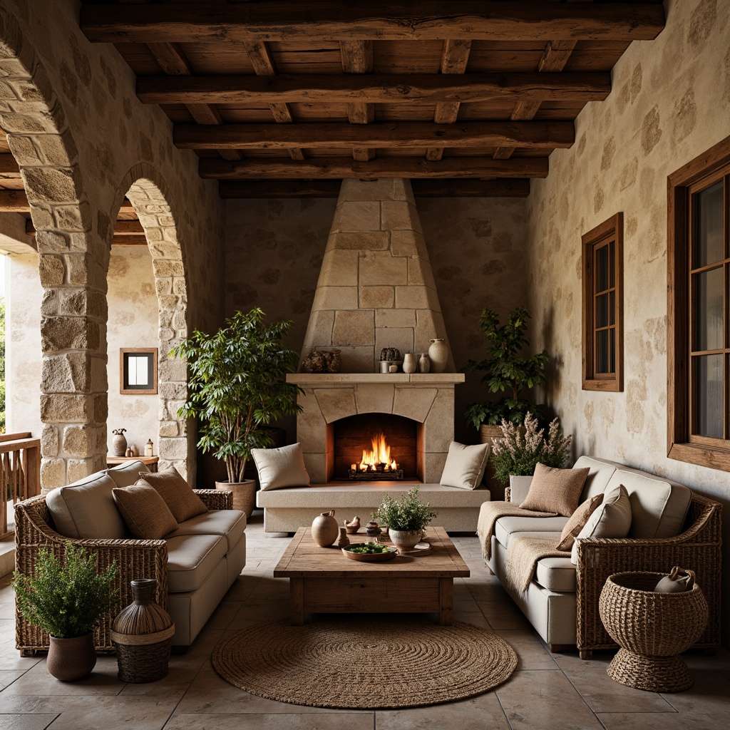 Prompt: Rustic villa, natural stone walls, wooden beam ceilings, earthy color palette, vintage furniture, distressed wood accents, cozy fireplace, plush throw blankets, woven baskets, potted greenery, lantern lighting, warm candlelight, soft focus, shallow depth of field, 1/1 composition, natural textures, ambient occlusion.