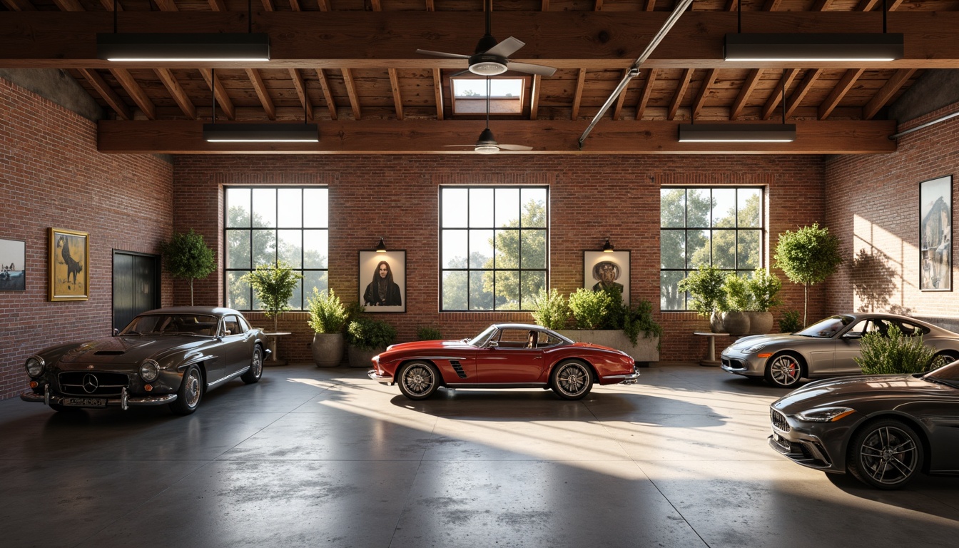 Prompt: Industrial-chic garage, mid-century modern aesthetic, exposed brick walls, polished concrete floors, wooden accents, minimalist decor, vintage cars, sleek metal fixtures, pendant lighting, recessed ceiling lights, LED strip lights, frosted glass shades, brushed steel finishes, rustic wood beams, natural daylight, warm afternoon sunbeams, shallow depth of field, 1/2 composition, realistic textures, ambient occlusion.