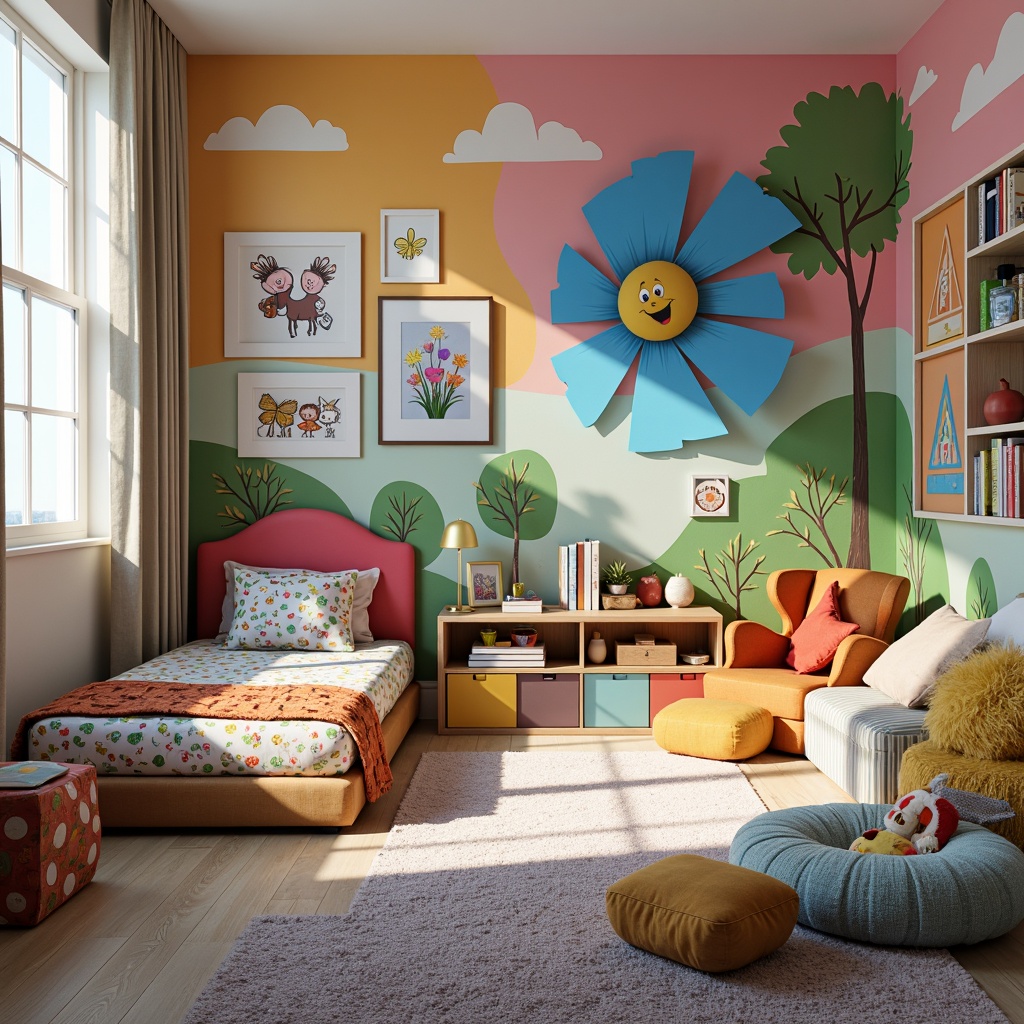 Prompt: Whimsical kid's room, vibrant colors, fun shapes, playful patterns, adorable cartoon characters, framed illustrations, textured fabrics, soft cushions, cozy reading nooks, interactive wall decals, 3D geometric art, colorful LED lights, futuristic cityscapes, magical forest landscapes, dreamy clouds, fluffy white textures, shallow depth of field, 1/1 composition, warm soft lighting, realistic renderings.