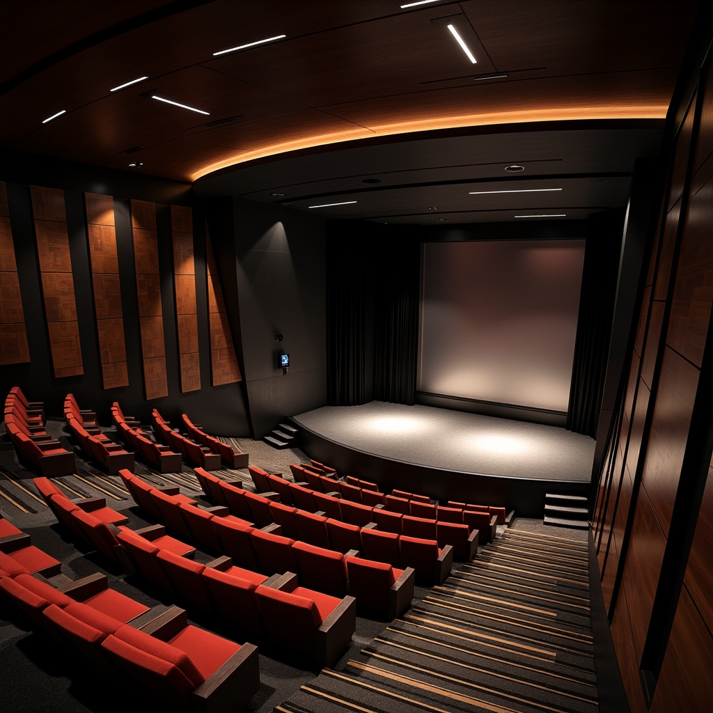 Prompt: Streamlined modern auditorium interior, dark-stained wood paneling, sleek metal accents, minimalist d\u00e9cor, plush velvet seats, polished chrome railings, warm LED stage lighting, dramatic ceiling cove, acoustic soundproofing materials, matte black walls, silver screen, subtle texture contrasts, 3/4 composition, shallow depth of field, realistic reflections, ambient occlusion.