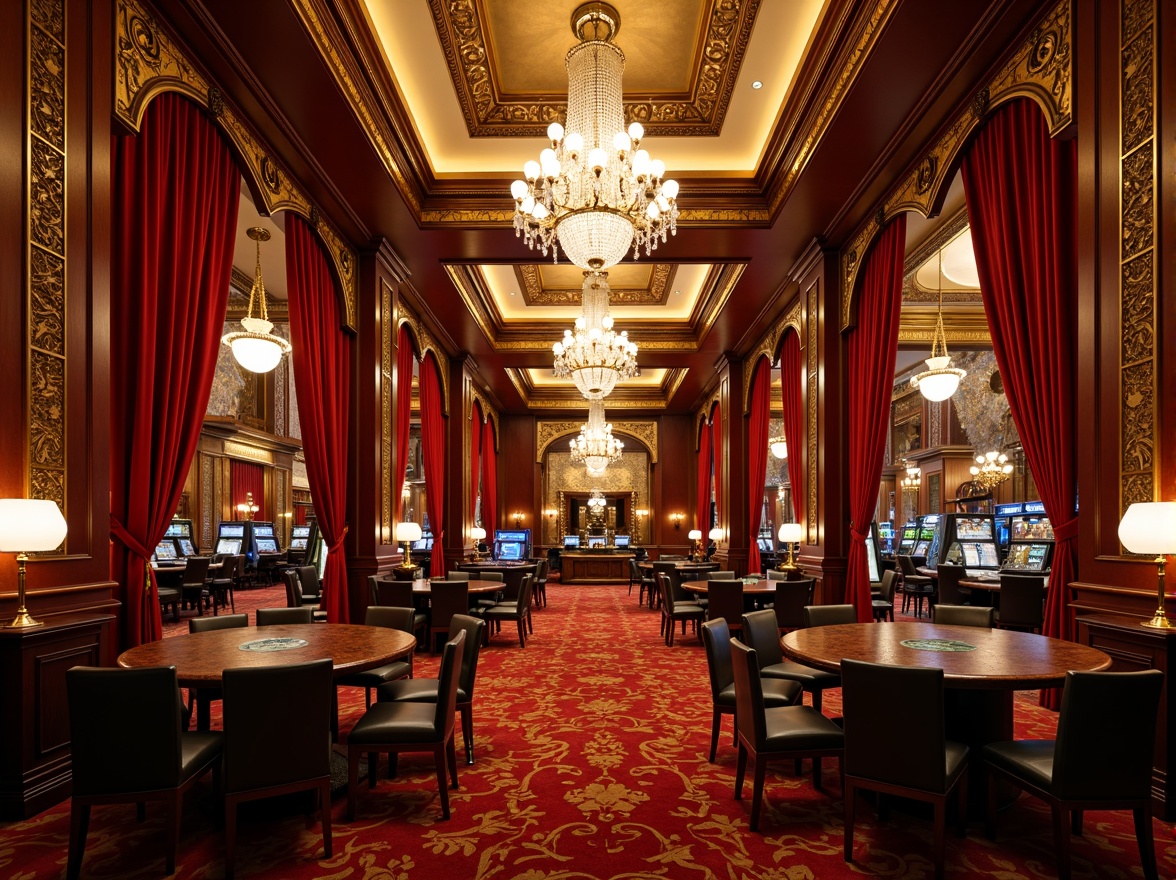 Prompt: Luxurious casino interior, ornate chandeliers, rich wood accents, velvet drapes, intricate molding details, gilded decorations, lavish furnishings, dramatic ceiling height, opulent lighting fixtures, crystal droplets, ambient warm glow, soft focus photography, shallow depth of field, 1/1 composition, grandiose atmosphere, Baroque-inspired patterns, vibrant red and gold color scheme, ornamental mirrors, fresco ceilings, regal archways.