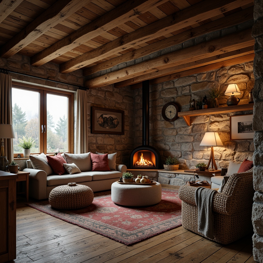 Prompt: Rustic cabin, wooden accents, natural stone walls, earthy color palette, reclaimed wood floors, distressed textures, vintage metal decorations, lantern-style lighting, cozy fireplace, plush furnishings, woven baskets, organic patterns, warm candlelight, shallow depth of field, 1/2 composition, intimate atmosphere, realistic wood grains.