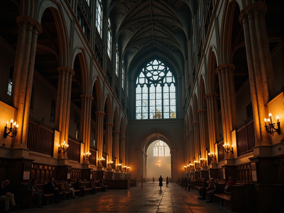 Prompt: Grand, mysterious Gothic cathedral, vaulted ceilings, stained glass windows, ornate stone carvings, dimly lit corridors, flickering torches, eerie shadows, mystical ambiance, warm golden lighting, soft focus, shallow depth of field, 1/1 composition, dramatic high contrast, rich textures, atmospheric fog.