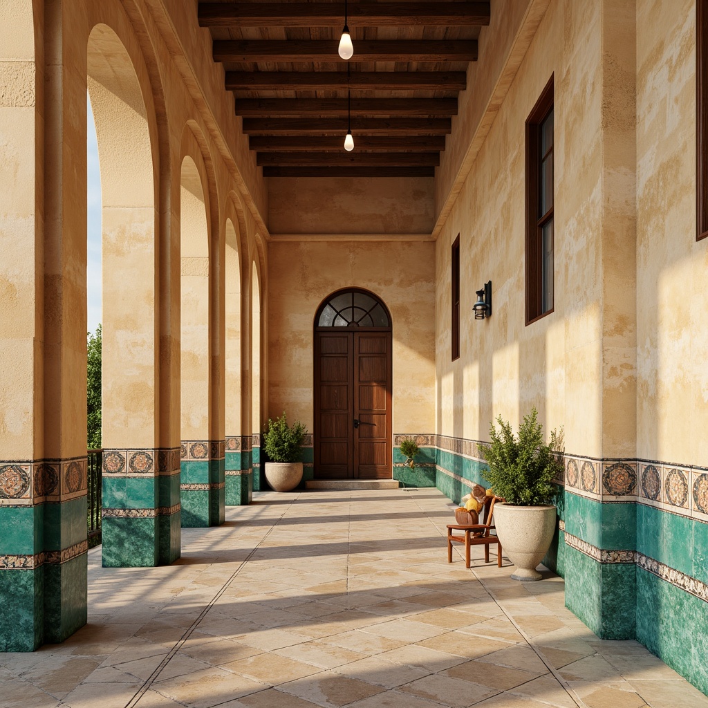 Prompt: Warm beige stucco walls, distressed wood accents, natural stone textures, soft archways, ornate metalwork, rustic ceramic tiles, vibrant turquoise hues, decorative niches, curved lines, earthy color palette, sunny warm lighting, shallow depth of field, 3/4 composition, panoramic view, realistic textures, ambient occlusion.