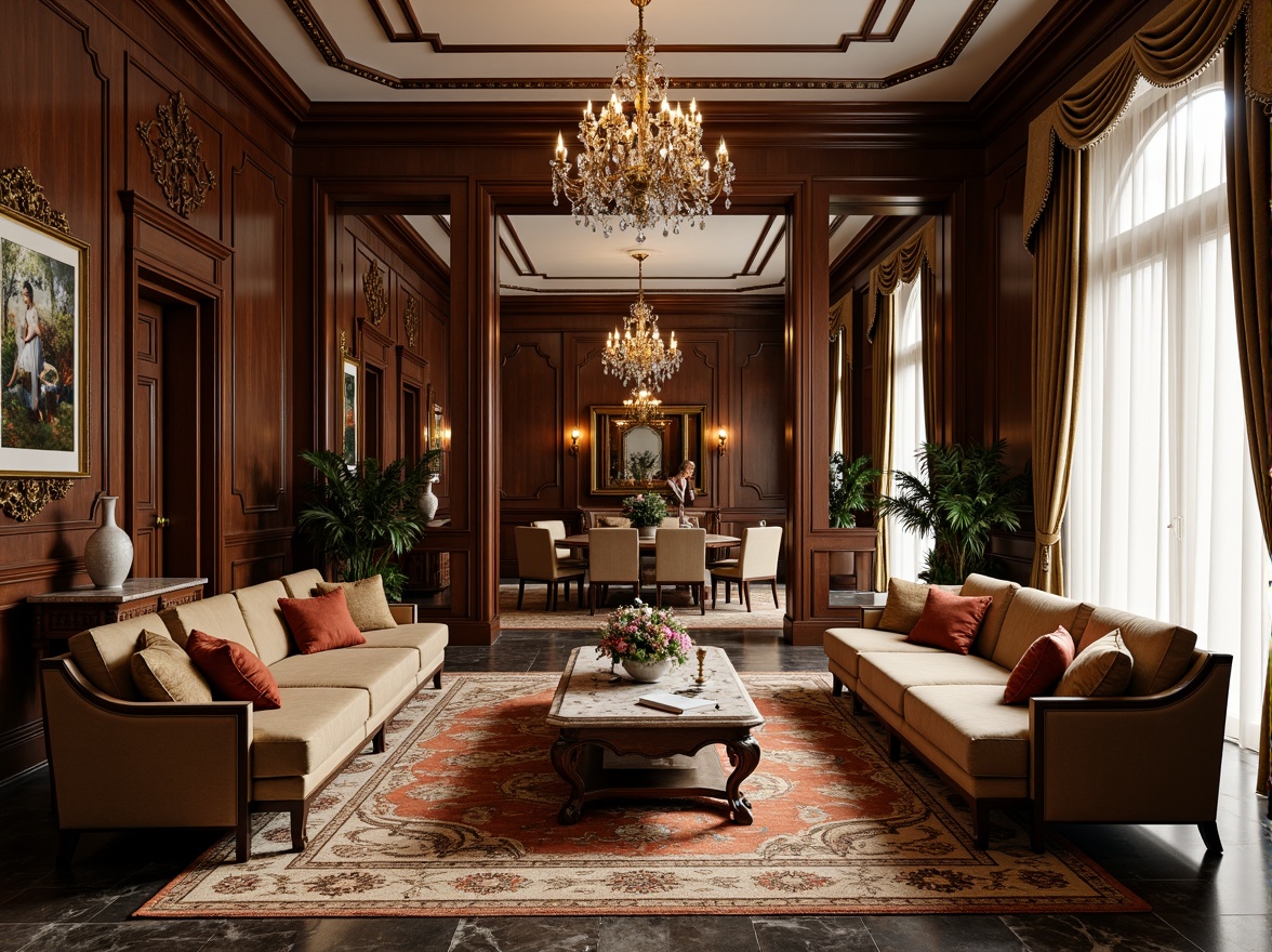 Prompt: Luxurious living room, ornate furnishings, intricate carvings, lavish fabrics, gold accents, crystal chandeliers, marble floors, rich wood paneling, velvet drapes, plush area rugs, statement walls, elegant archways, sophisticated color palette, warm soft lighting, 1/1 composition, shallow depth of field, realistic textures, ambient occlusion.