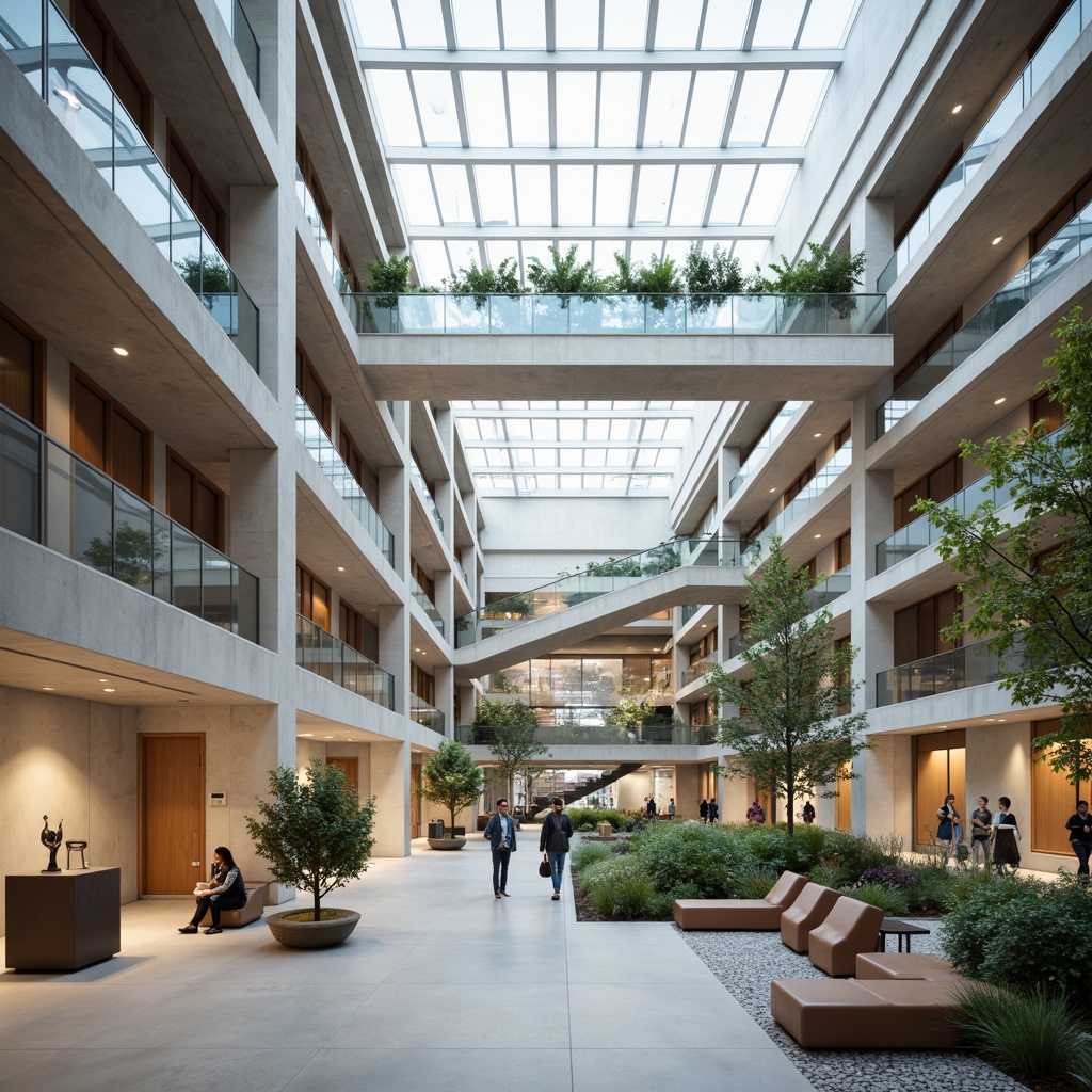 Prompt: Sleek cultural center, minimalist architecture, open atrium, natural light, polished concrete floors, industrial chic decor, modern art installations, geometric sculptures, sparse greenery, neutral color palette, brutalist columns, cantilevered staircases, floor-to-ceiling windows, transparent glass railings, subtle ambient lighting, 1/1 composition, shallow depth of field, panoramic view, realistic textures, ambient occlusion.