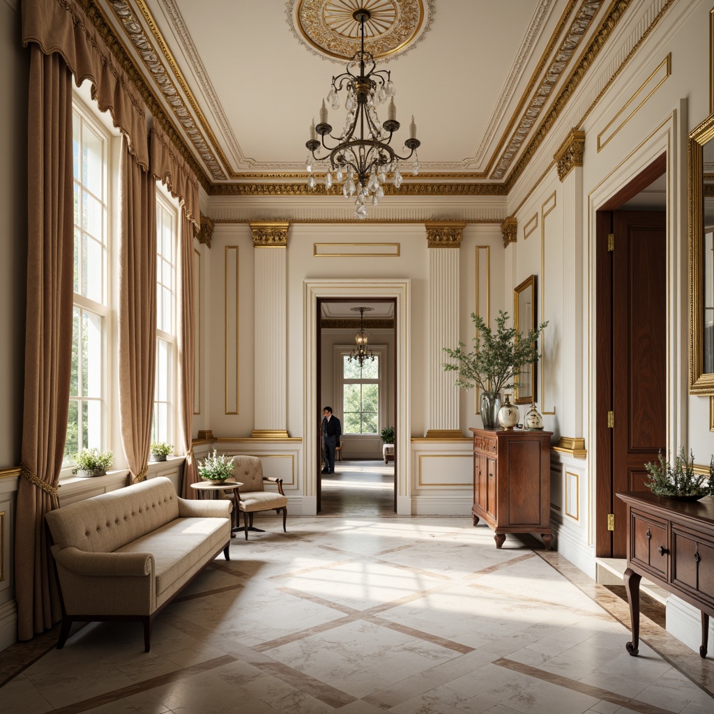 Prompt: Elegant neoclassical interior, ornate moldings, intricate carvings, polished marble floors, creamy white walls, gilded accents, crystal chandeliers, velvet drapes, tufted upholstery, rich wood paneling, ornamental mirrors, subtle lighting, soft warm glow, shallow depth of field, 1/1 composition, realistic textures, ambient occlusion.