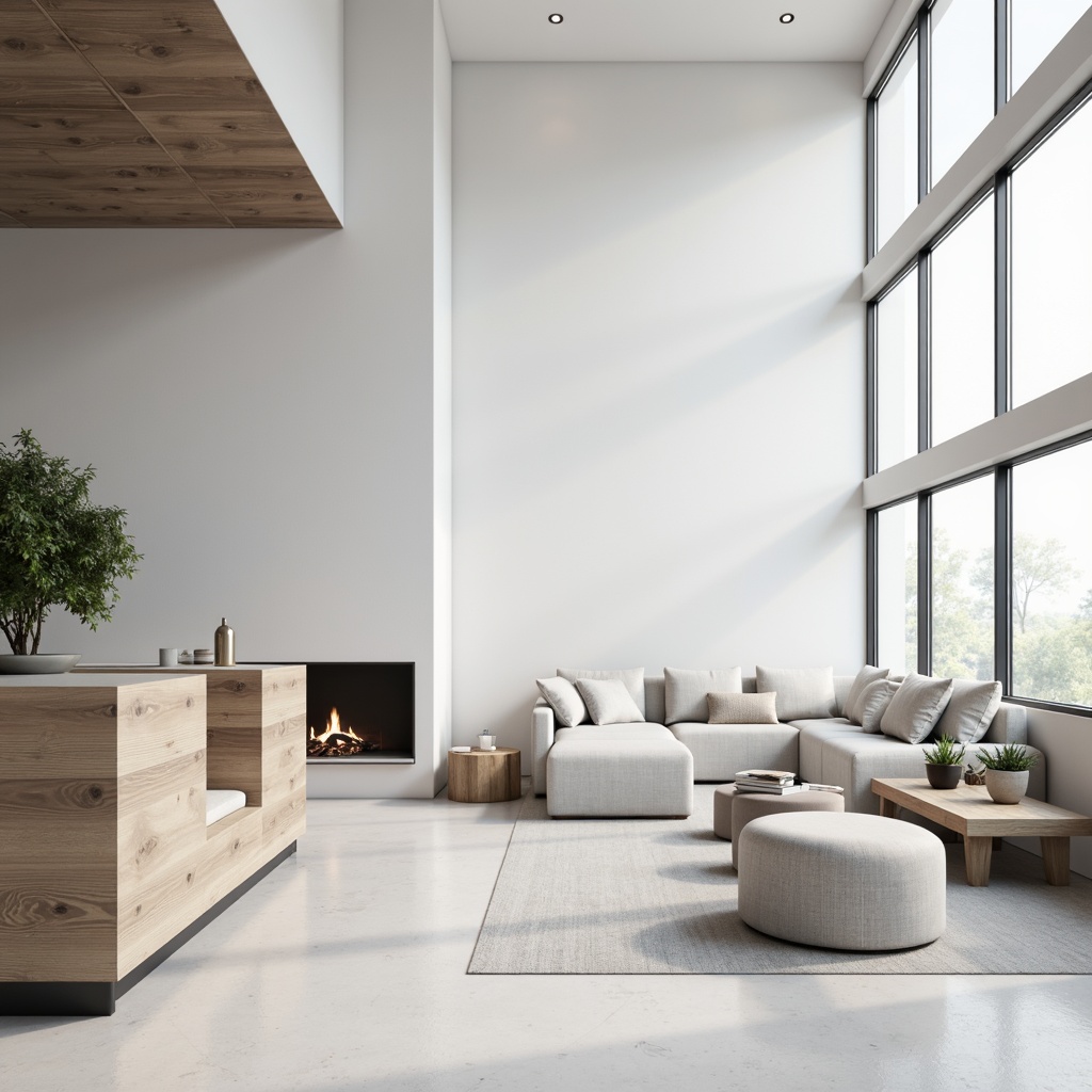 Prompt: Monochromatic interior, sleek lines, minimal ornamentation, calming white tones, subtle grey accents, natural wood textures, industrial metal frames, simple shapes, ample negative space, soft diffused lighting, shallow depth of field, 1/1 composition, realistic renderings, ambient occlusion.